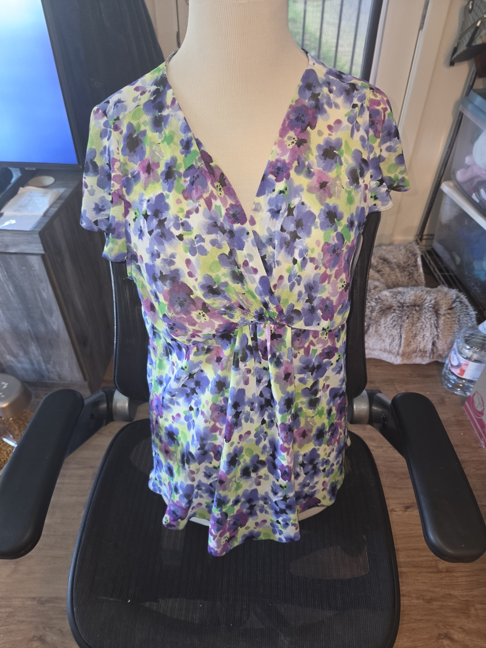 Jones New York Purple, Green & Blue Floral Wrap-Style Blouse
